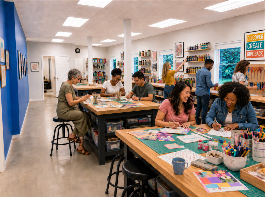adults in a colorful craft room happily working on projects
