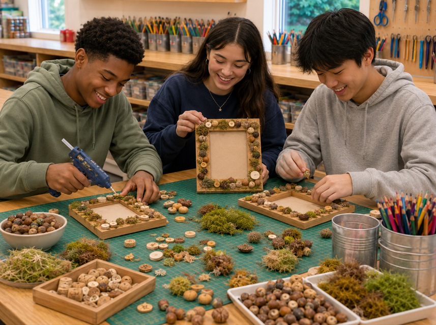 three teenagers creating custom wood frames